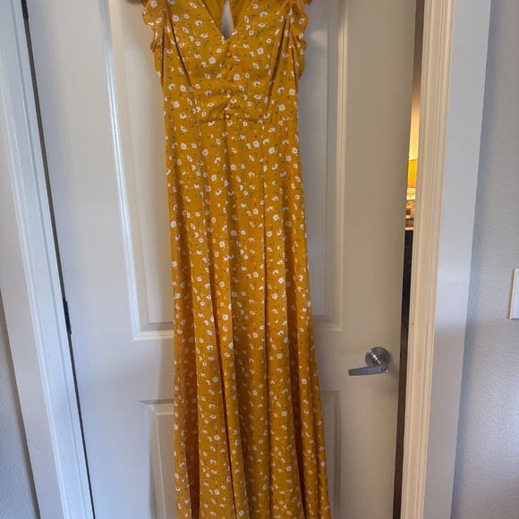 Lulus Fresh Picked Mustard Yellow Floral Print Backless Maxi Dress - Size S - Picture 2 of 2